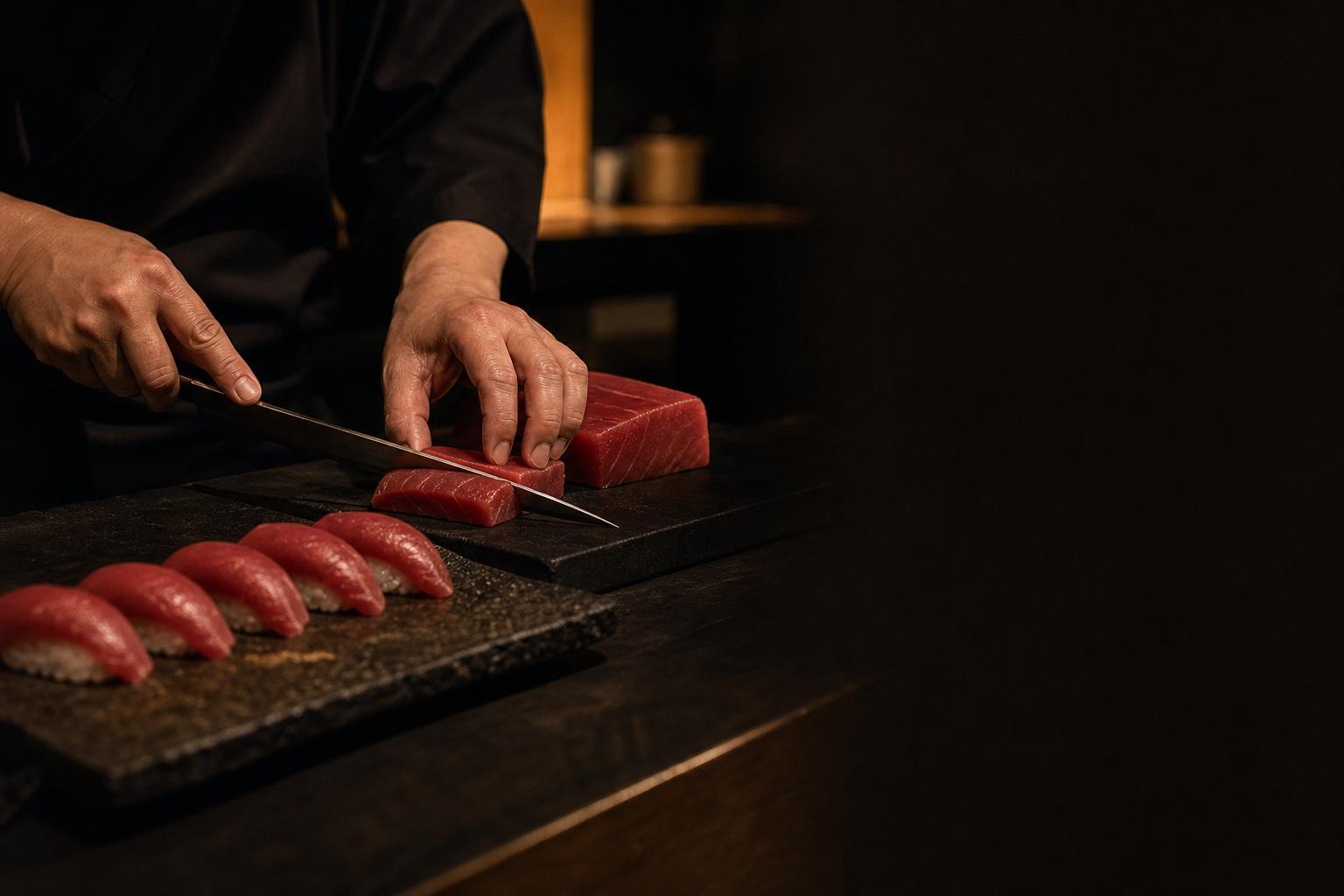 Sushi chef slicing bluefin tuna beside a row of nigiri