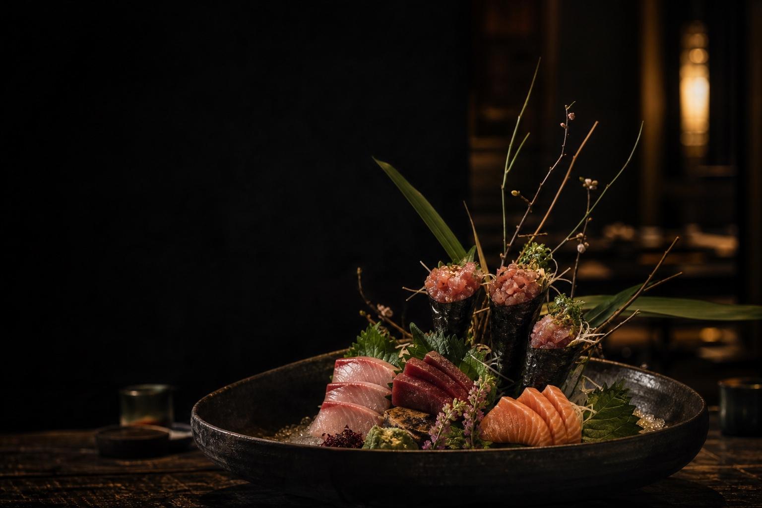 Sculptural sashimi and temaki presentation in a dark ceramic bowl